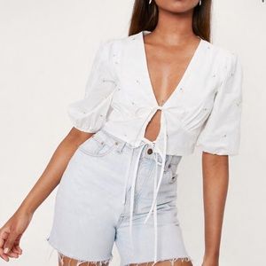 Nasty Gal Daisy Embroidered Front Tie Top
